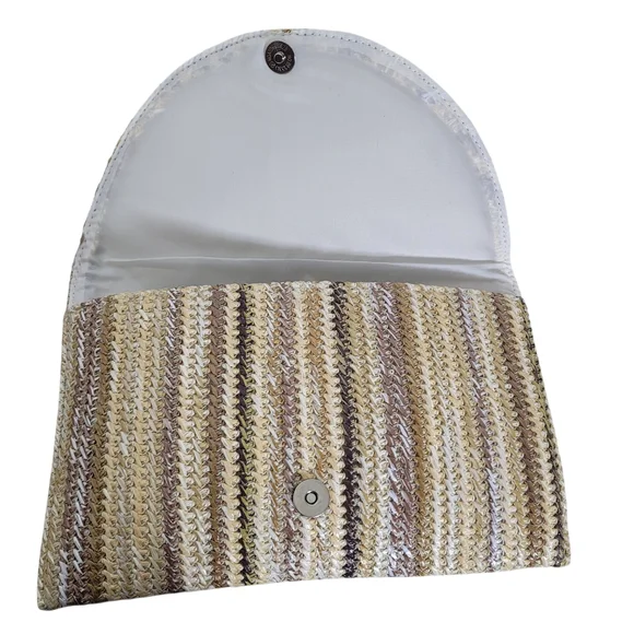 Women's Straw Woven Beach Boho Magnetic Envelope Clutch Multicolor Handbag - Picture 4 of 5